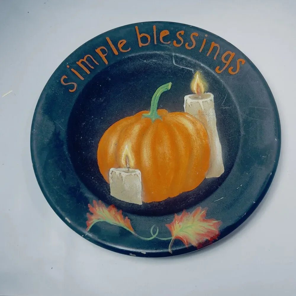 Primitive Simple Blessings Autumn Fall Plate Black w/ Pumpkin Hand Painted  9”